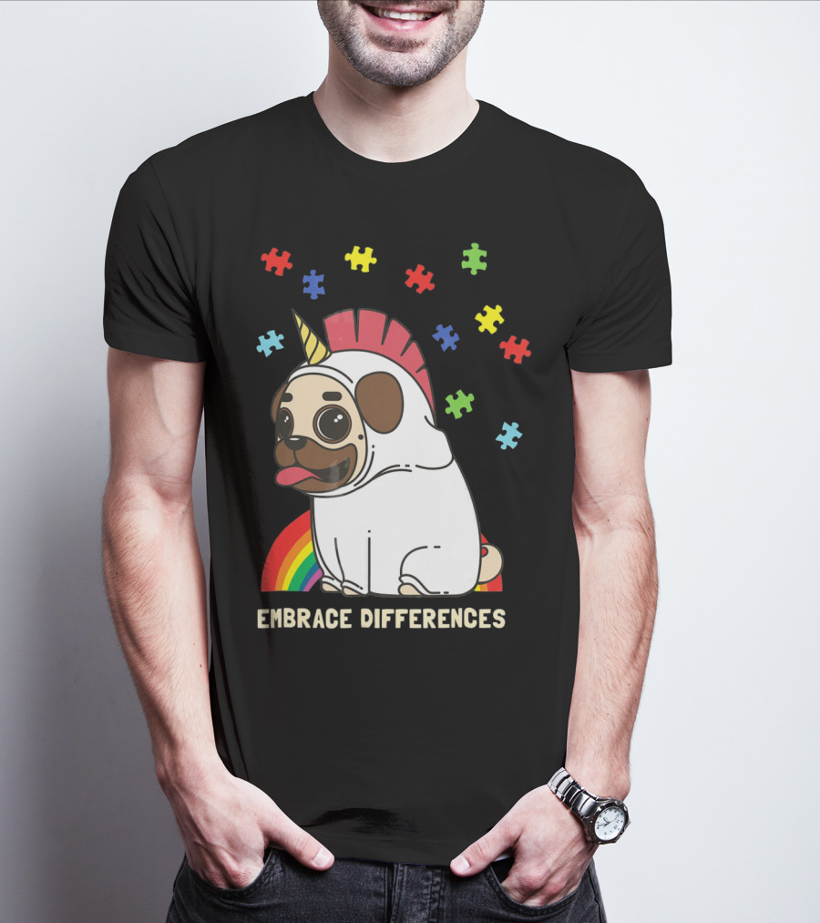 Embrace Differences Autism Awareness Unicorn Pug T-Shirt