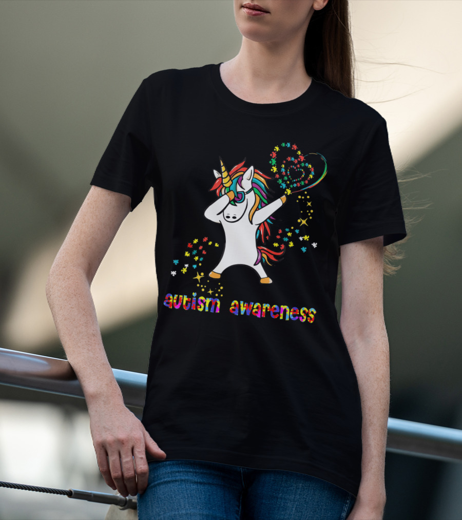 Autism Awareness Dabbing Unicorn Rainbow Puzzle Heart T-Shirt