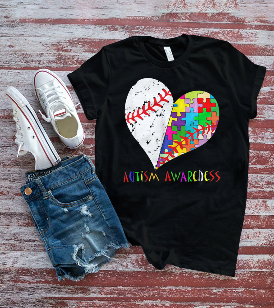 Swing For A Cause Baseball Heart Autism Awareness Puzzle Pieces T-Shirt