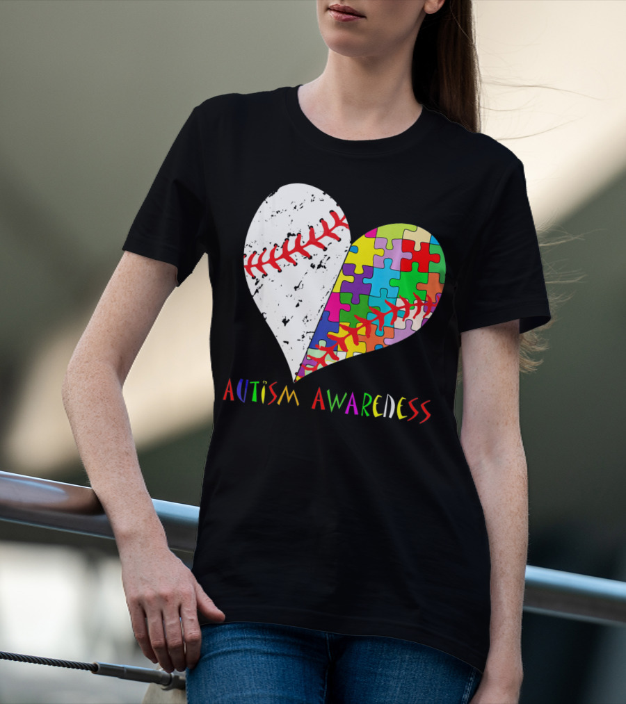 Swing For A Cause Baseball Heart Autism Awareness Puzzle Pieces T-Shirt