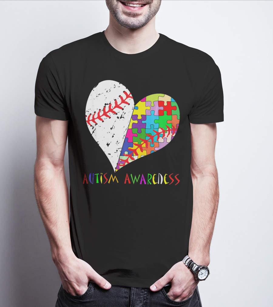 Swing For A Cause Baseball Heart Autism Awareness Puzzle Pieces T-Shirt