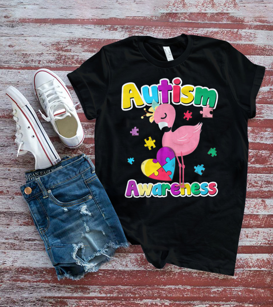 Autism Awareness Flamingo Heart Puzzle Pieces T-Shirt