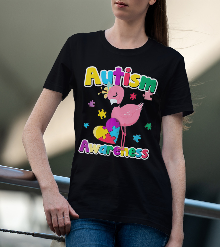 Autism Awareness Flamingo Heart Puzzle Pieces T-Shirt