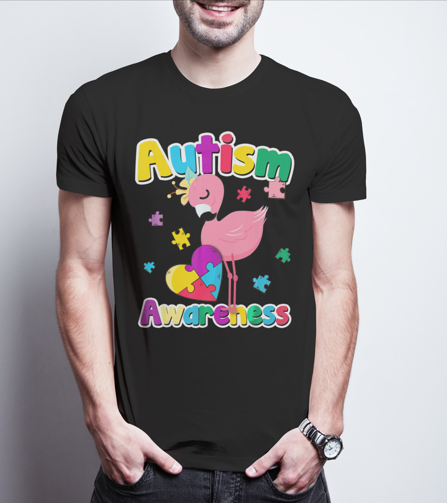 Autism Awareness Flamingo Heart Puzzle Pieces T-Shirt