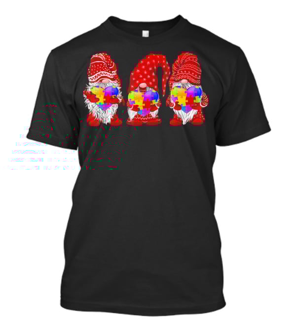 Autism Awareness Gnomies Red Hats Holding Colorful Puzzle Pieces T-Shirt
