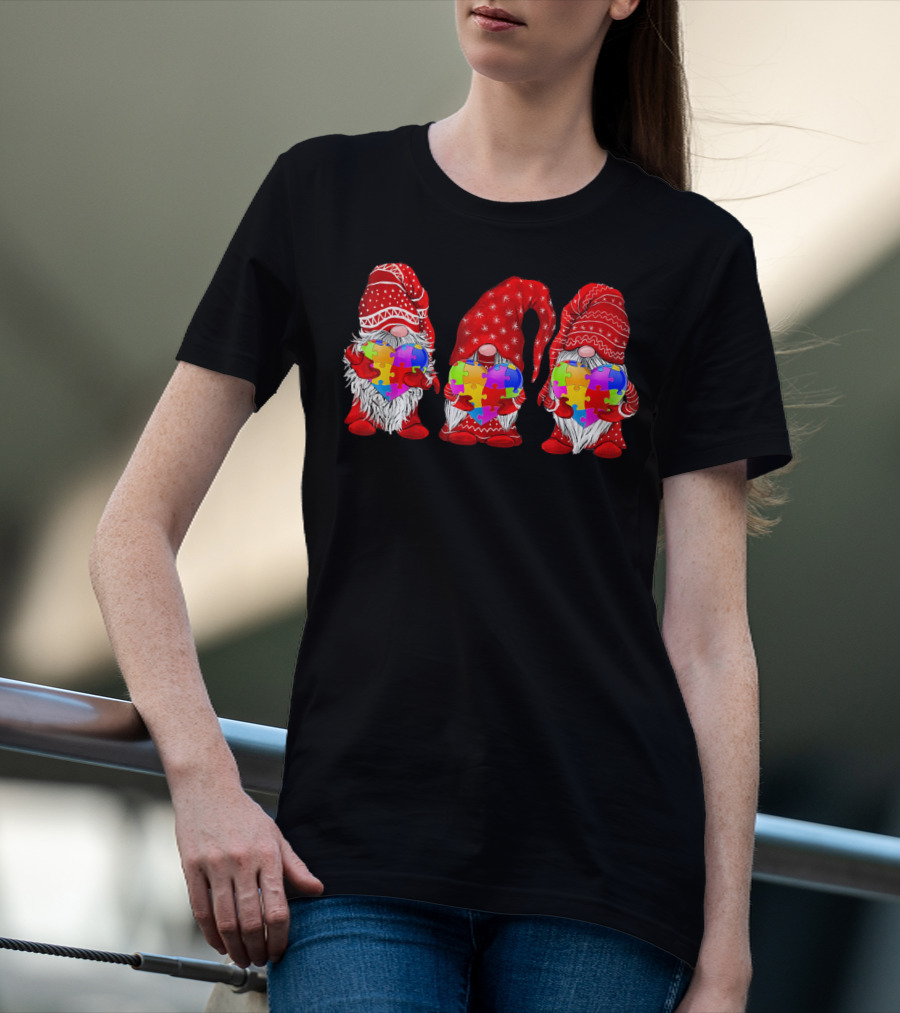 Autism Awareness Gnomies Red Hats Holding Colorful Puzzle Pieces T-Shirt