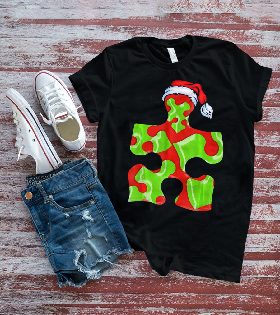 Puzzle Piece Santa Hat Red Green Autism Awareness T-Shirt