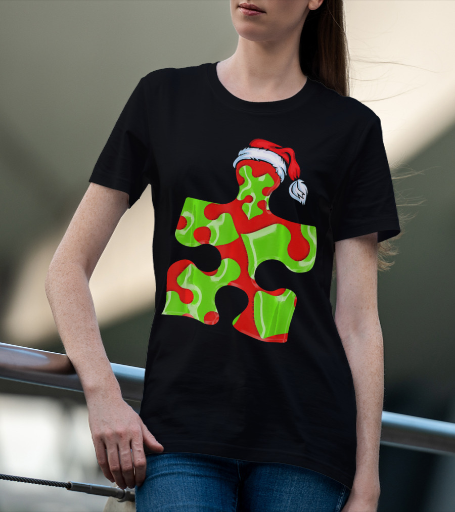 Puzzle Piece Santa Hat Red Green Autism Awareness T-Shirt