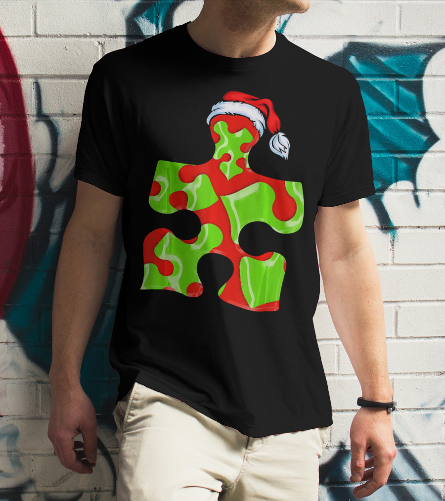 Puzzle Piece Santa Hat Red Green Autism Awareness T-Shirt