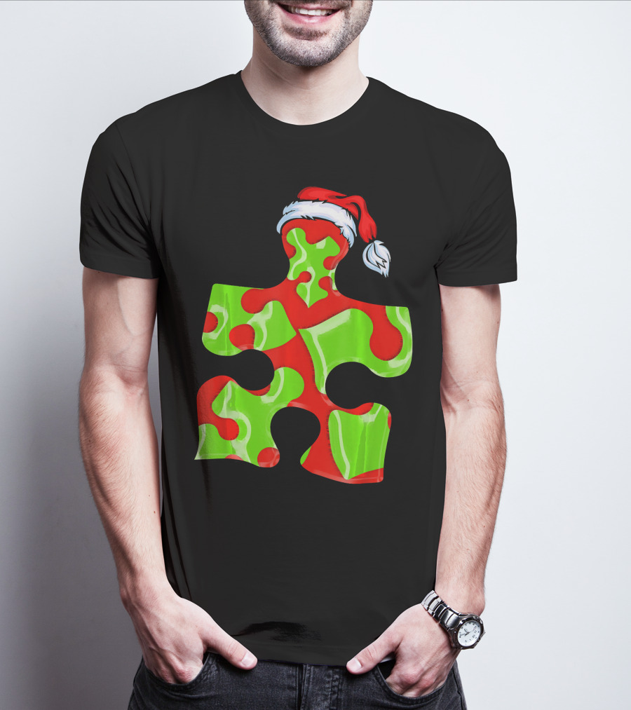 Puzzle Piece Santa Hat Red Green Autism Awareness T-Shirt