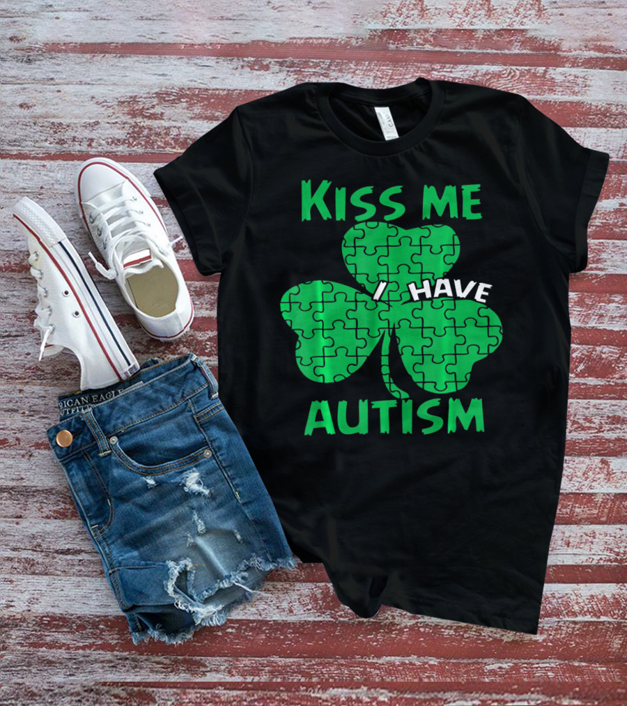Kiss Me I Have Autism Awareness Shamrock Puzzle T-Shirt