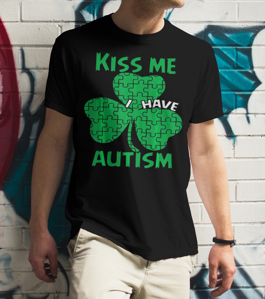 Kiss Me I Have Autism Awareness Shamrock Puzzle T-Shirt
