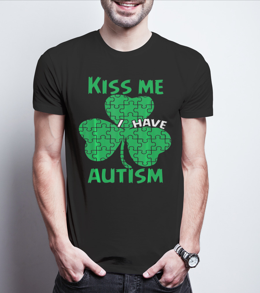 Kiss Me I Have Autism Awareness Shamrock Puzzle T-Shirt