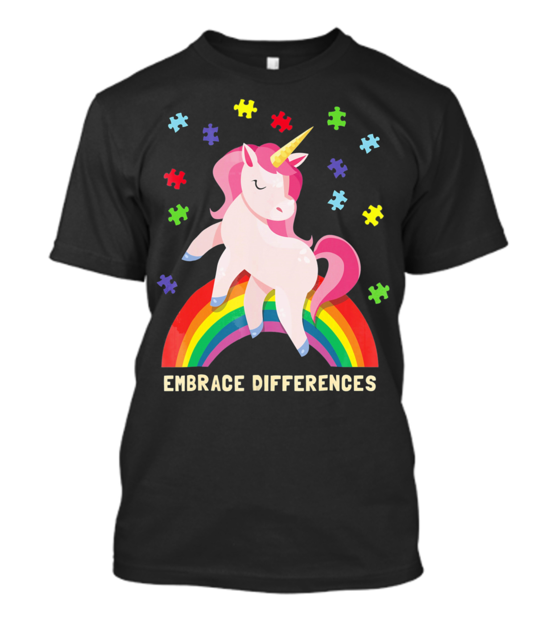 Embrace Differences Autism Awareness Youth Unicorn Rainbow Puzzle Pieces T-Shirt