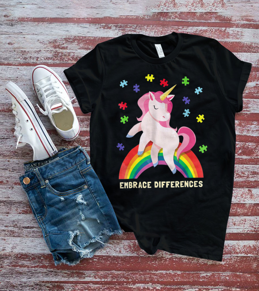 Embrace Differences Autism Awareness Youth Unicorn Rainbow Puzzle Pieces T-Shirt