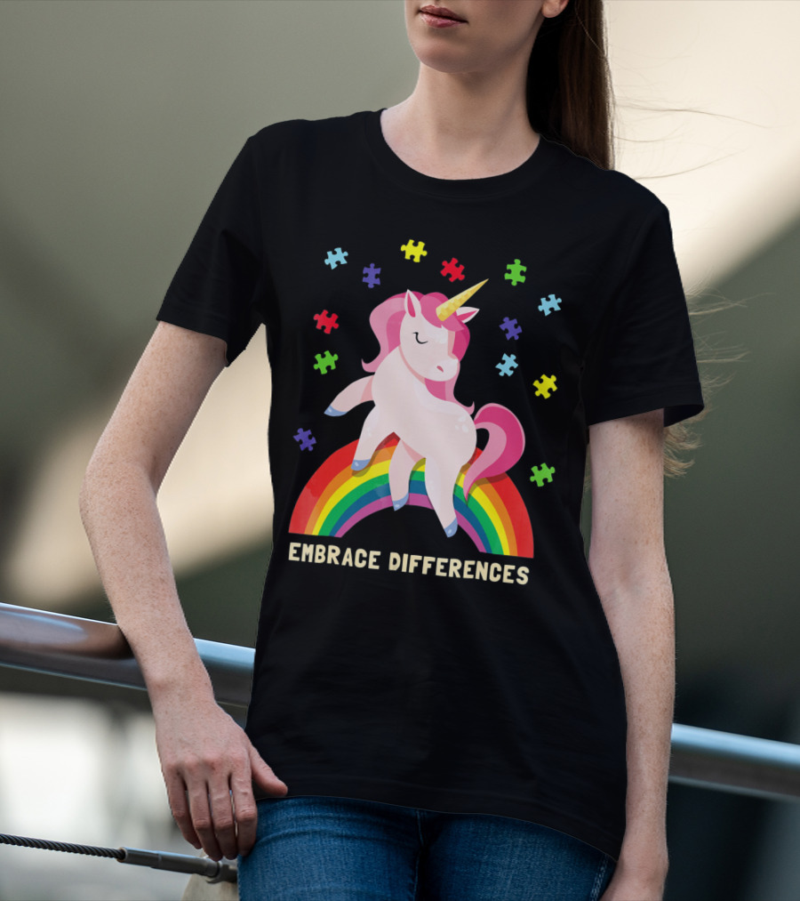 Embrace Differences Autism Awareness Youth Unicorn Rainbow Puzzle Pieces T-Shirt