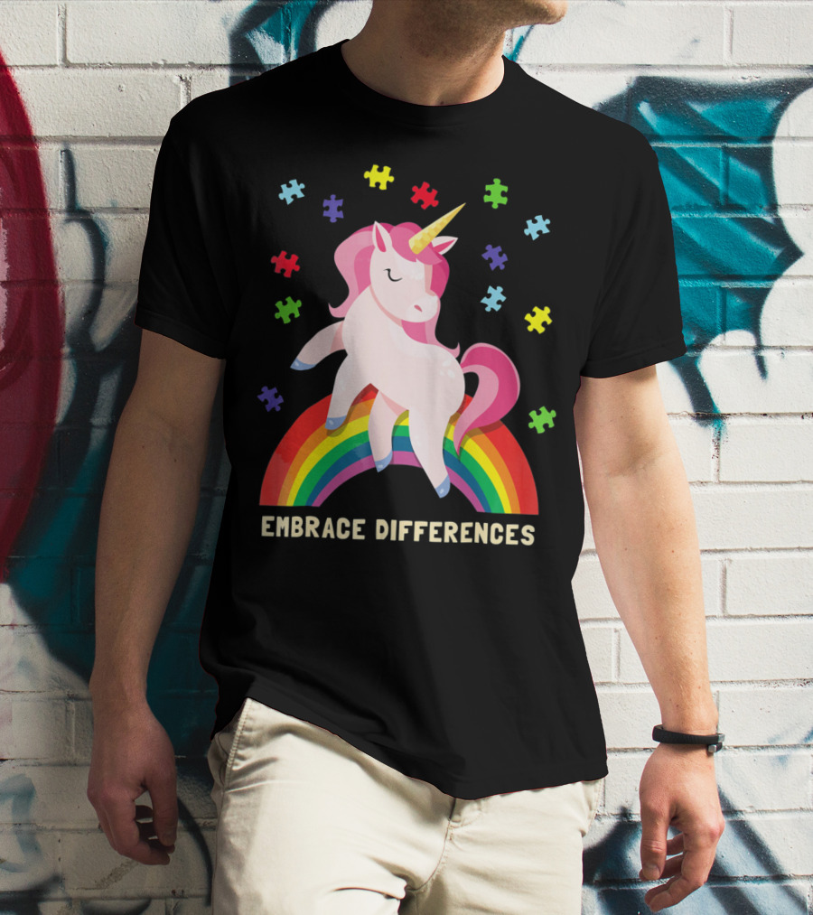 Embrace Differences Autism Awareness Youth Unicorn Rainbow Puzzle Pieces T-Shirt