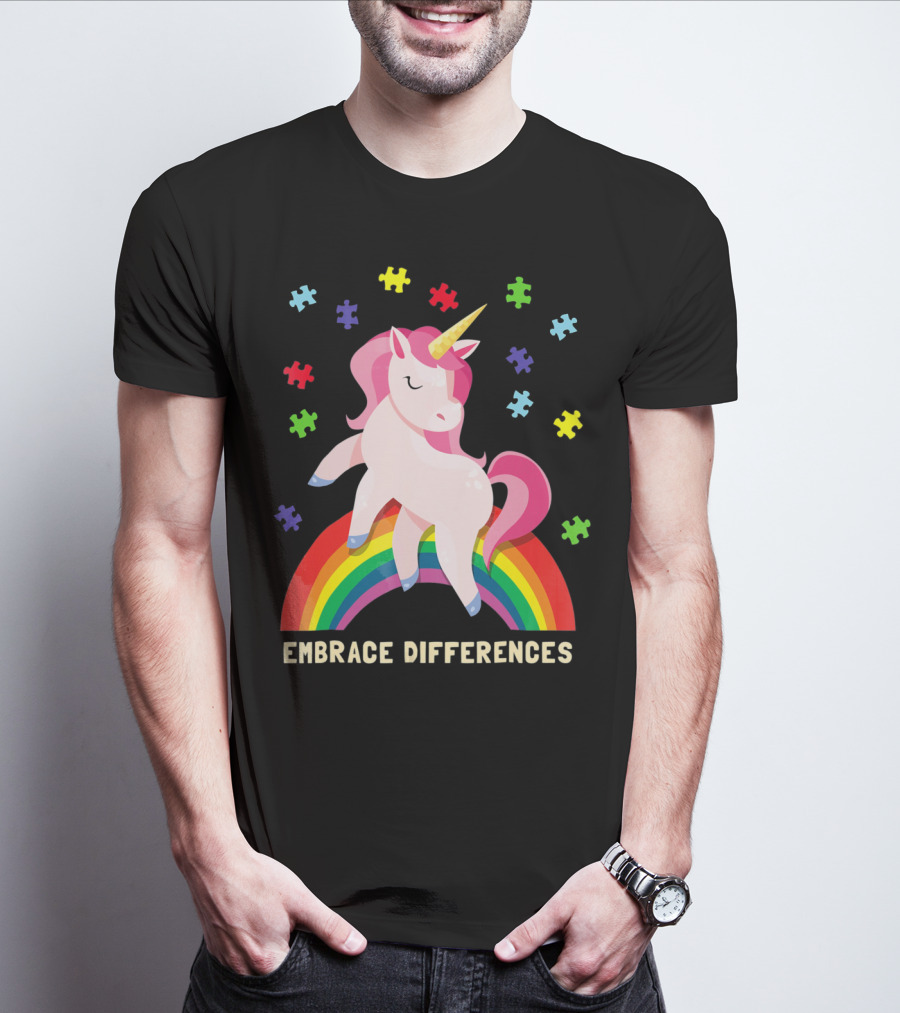 Embrace Differences Autism Awareness Youth Unicorn Rainbow Puzzle Pieces T-Shirt