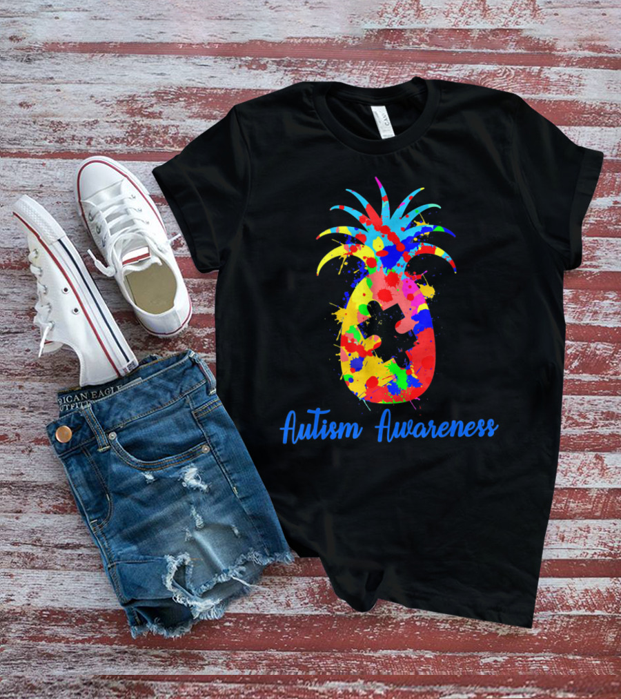 Pineapple Puzzle Piece Autism Awareness Colorful Paint Splatter T-Shirt