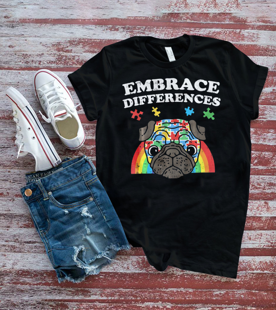 Embrace Differences Autism Awareness Pug With Puzzle Pieces And Rainbow T-Shirt