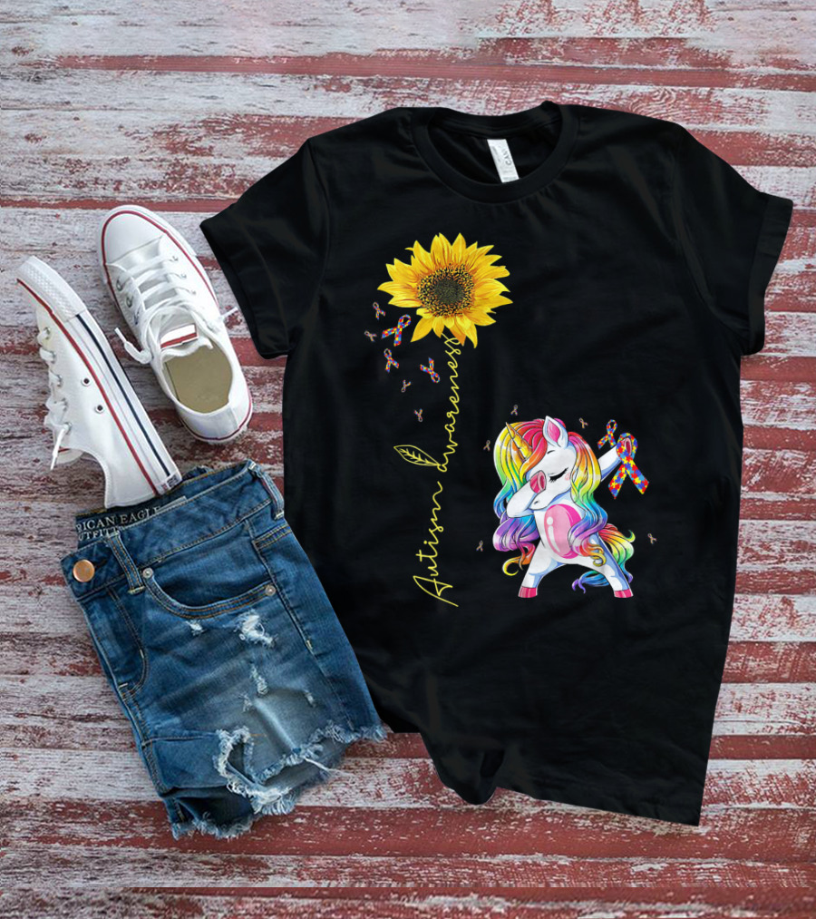 Autism Awareness Unicorn With Rainbow Ribbon Sunflower T-Shirt