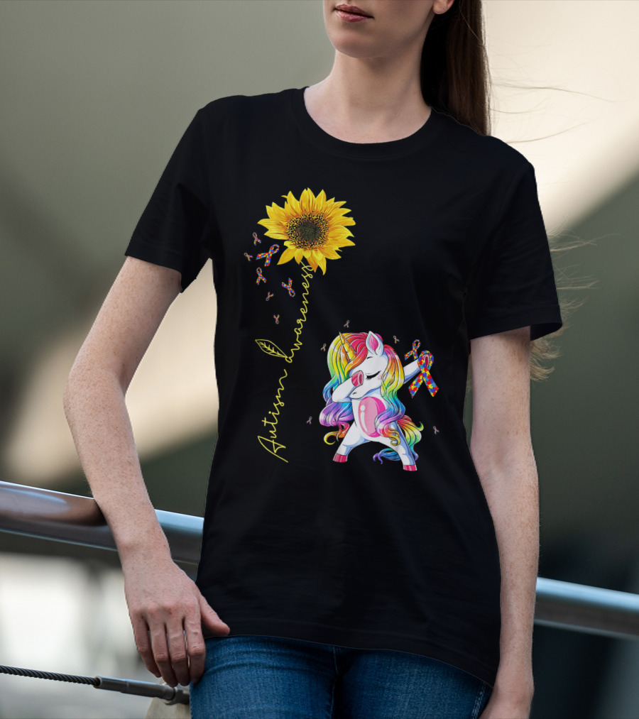 Autism Awareness Unicorn With Rainbow Ribbon Sunflower T-Shirt