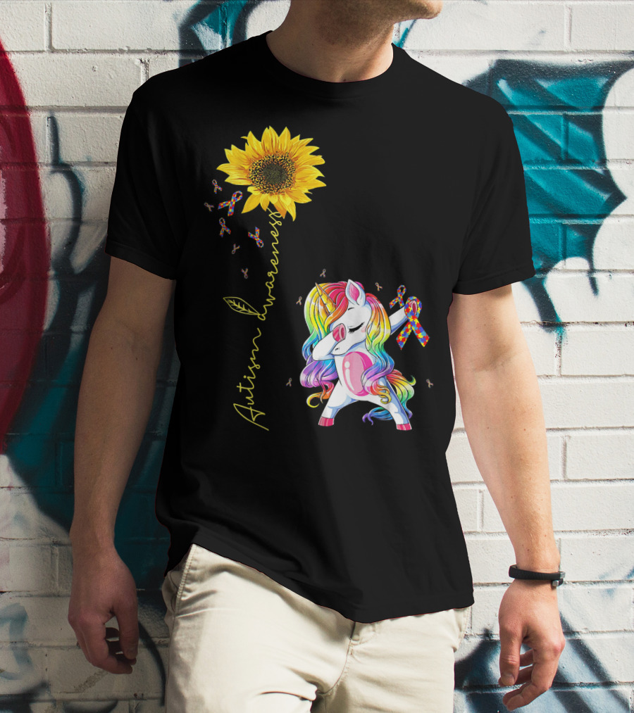 Autism Awareness Unicorn With Rainbow Ribbon Sunflower T-Shirt