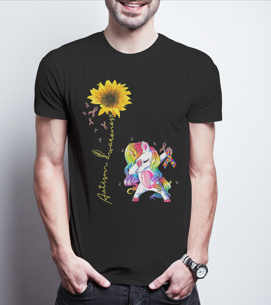 Autism Awareness Unicorn With Rainbow Ribbon Sunflower T-Shirt