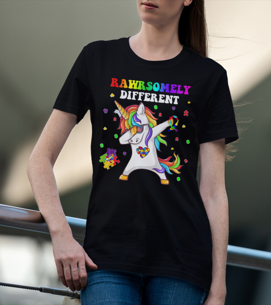 Rawrsomely Different Unicorn Autism Awareness Puzzle Pieces Dabbing T-Shirt