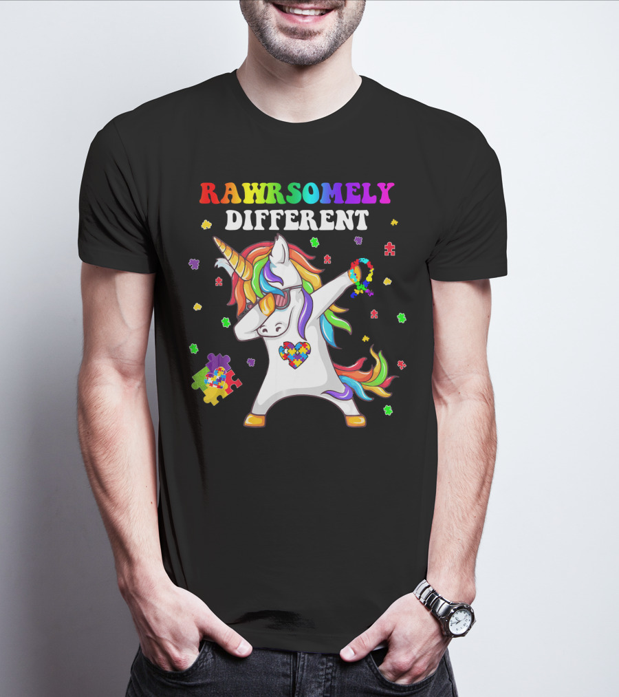 Rawrsomely Different Unicorn Autism Awareness Puzzle Pieces Dabbing T-Shirt