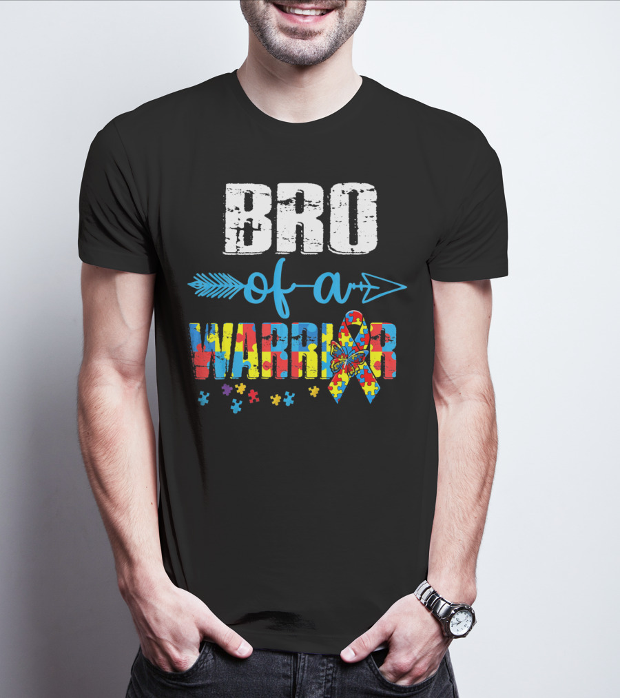 Bro Of A Warrior Autism Awareness Puzzle Ribbon Butterfly Arrow T-Shirt