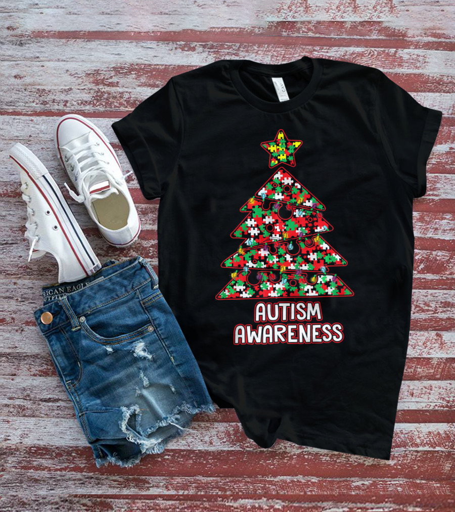 Christmas Puzzle Tree Autism Awareness T-Shirt