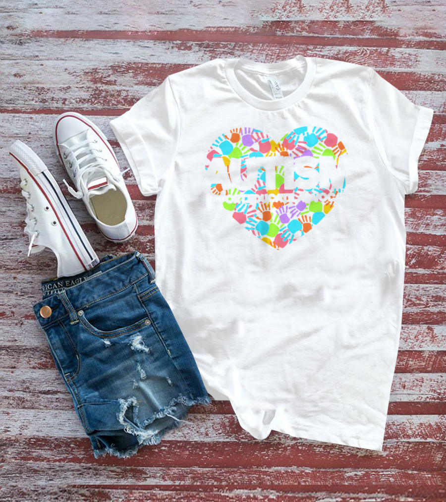 AUTISM SUPPORT EDUCATE ADVOCATE Colorful Heart Hands T-Shirt