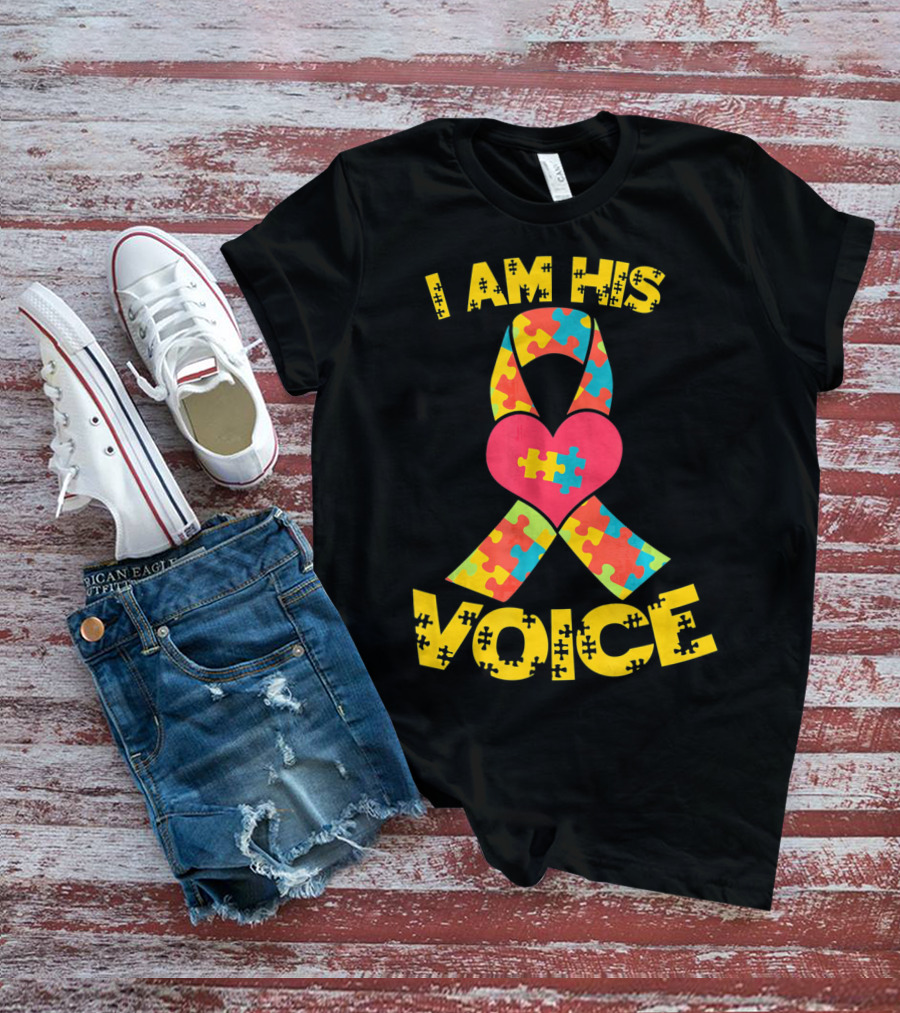 I Am His Voice Autism Awareness Puzzle Ribbon Heart T-Shirt