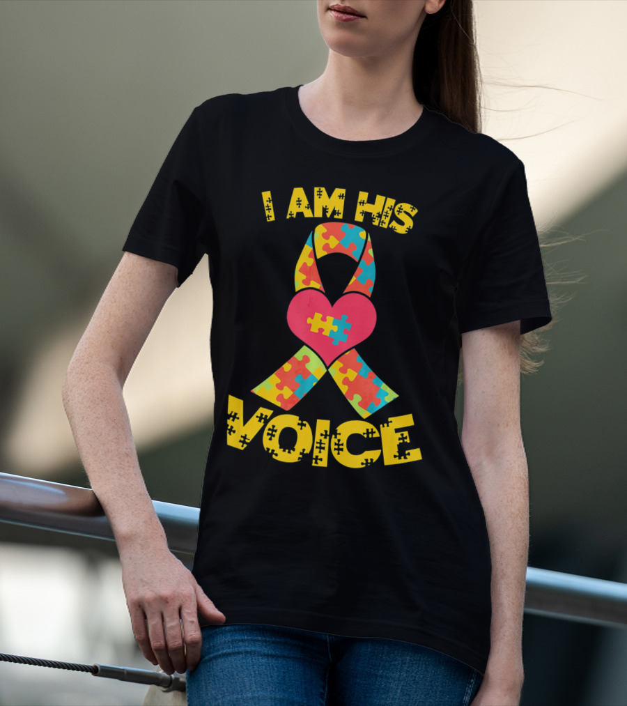 I Am His Voice Autism Awareness Puzzle Ribbon Heart T-Shirt