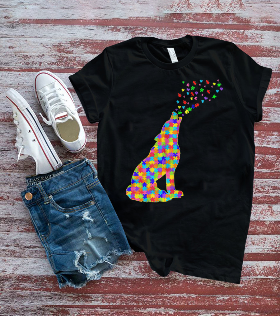 Wolf Puzzle Autism Awareness Puzzle Pieces T-Shirt