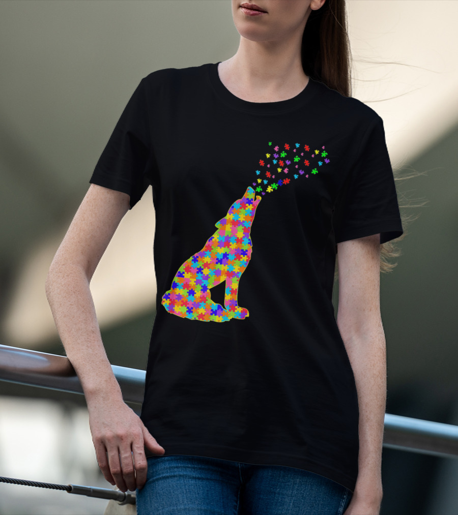 Wolf Puzzle Autism Awareness Puzzle Pieces T-Shirt