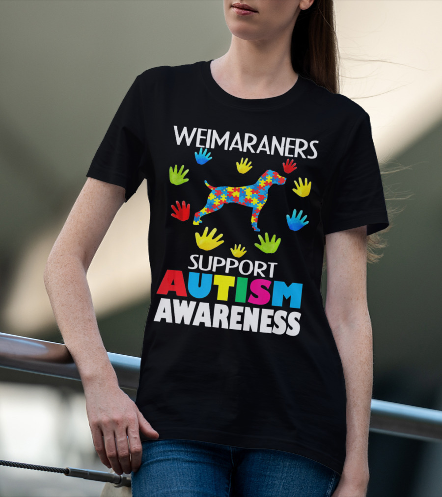Weimaraners Support Autism Awareness Puzzle Piece Dog With Colorful Hands T-Shirt