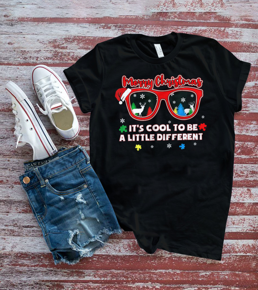 Merry Christmas Autism Awareness Santa Sunglasses It's Cool To Be A Little Different T-Shirt