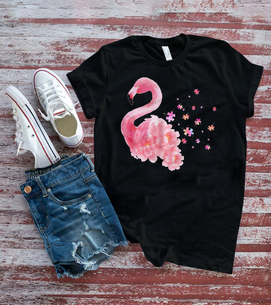 Flamingo Puzzle Autism Awareness Floral Elements T-Shirt