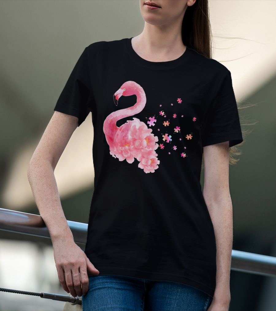 Flamingo Puzzle Autism Awareness Floral Elements T-Shirt