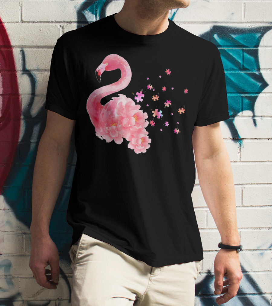 Flamingo Puzzle Autism Awareness Floral Elements T-Shirt