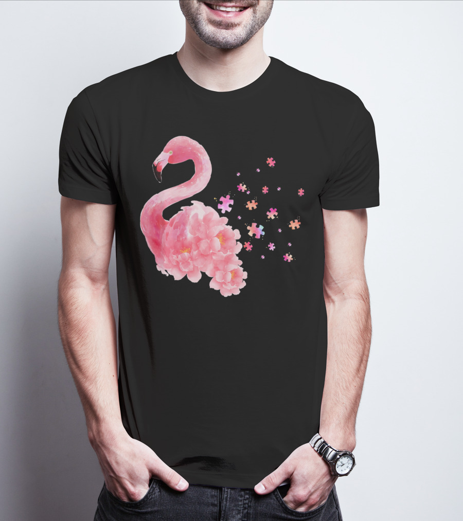Flamingo Puzzle Autism Awareness Floral Elements T-Shirt