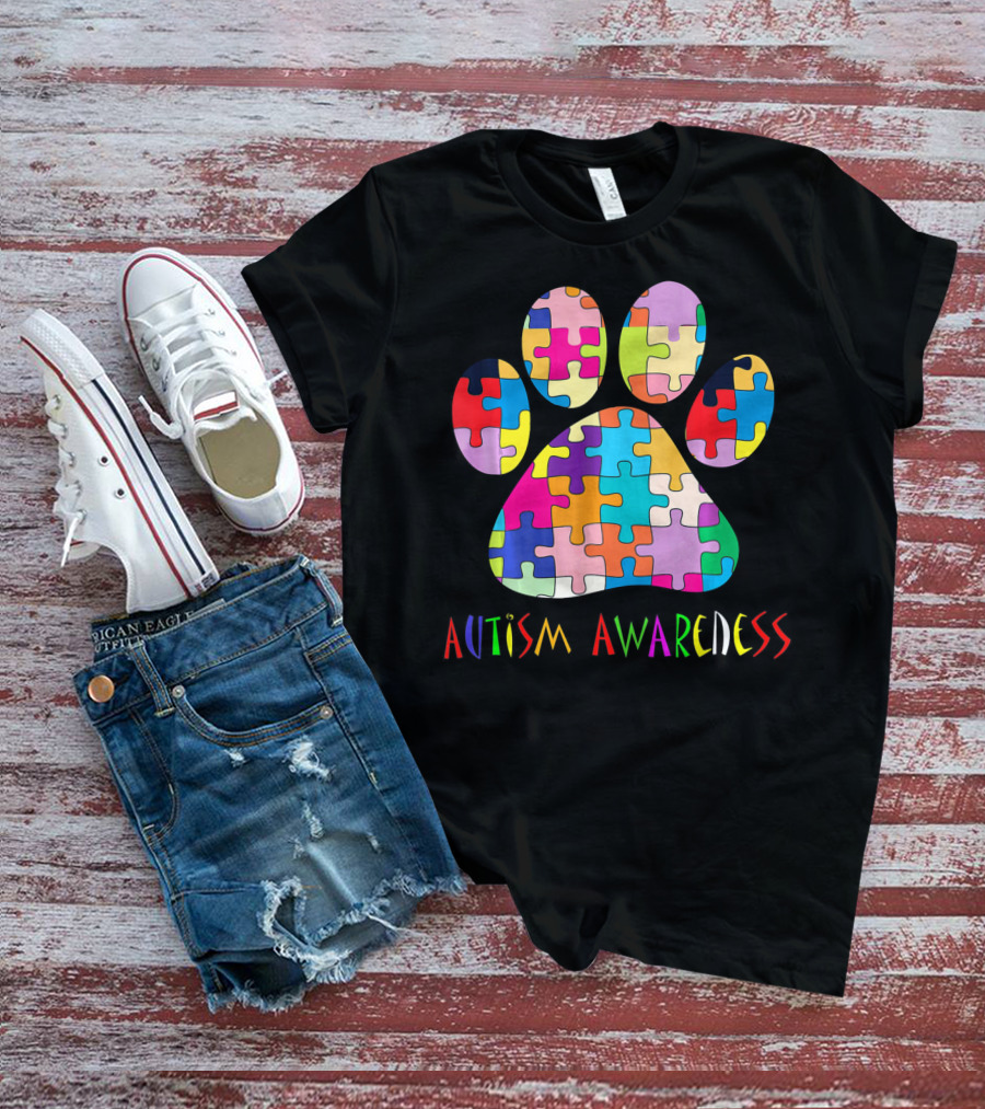 Autism Awareness Colorful Puzzle Dog Paw T-Shirt