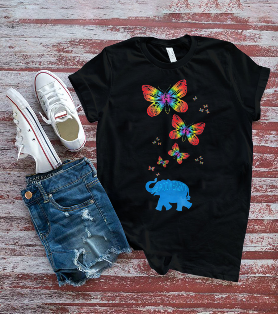 Neurodiversity Autism Elephant With Rainbow Butterflies T-Shirt