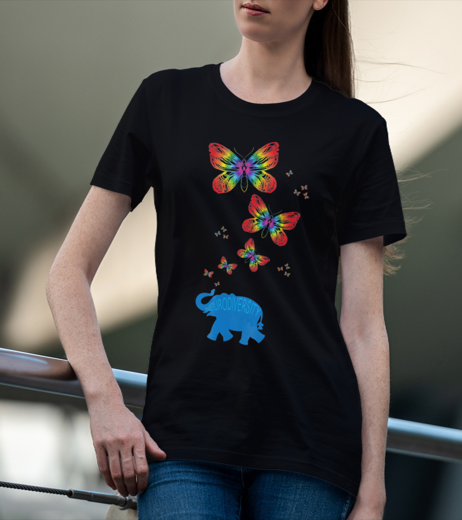 Neurodiversity Autism Elephant With Rainbow Butterflies T-Shirt