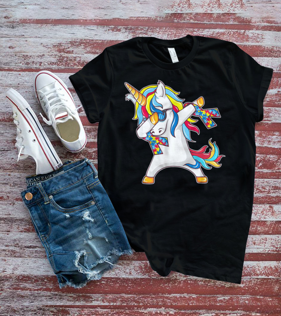 Autism Awareness Unicorn With Colorful Puzzle Dabbing Pose T-Shirt