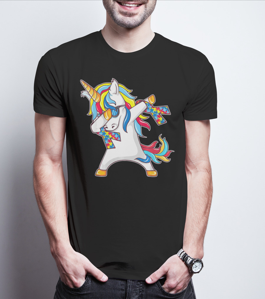 Autism Awareness Unicorn With Colorful Puzzle Dabbing Pose T-Shirt