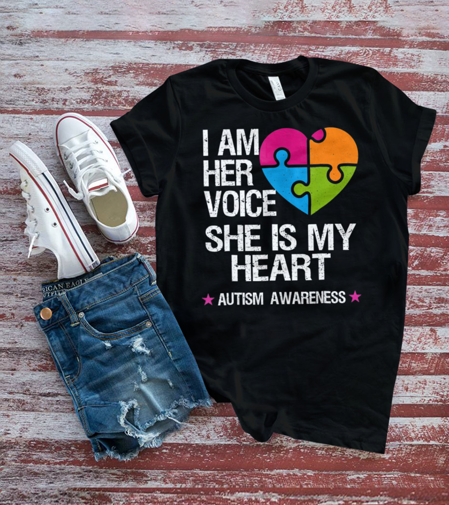 I Am Her Voice She Is My Heart Autism Awareness Puzzle Heart T-Shirt