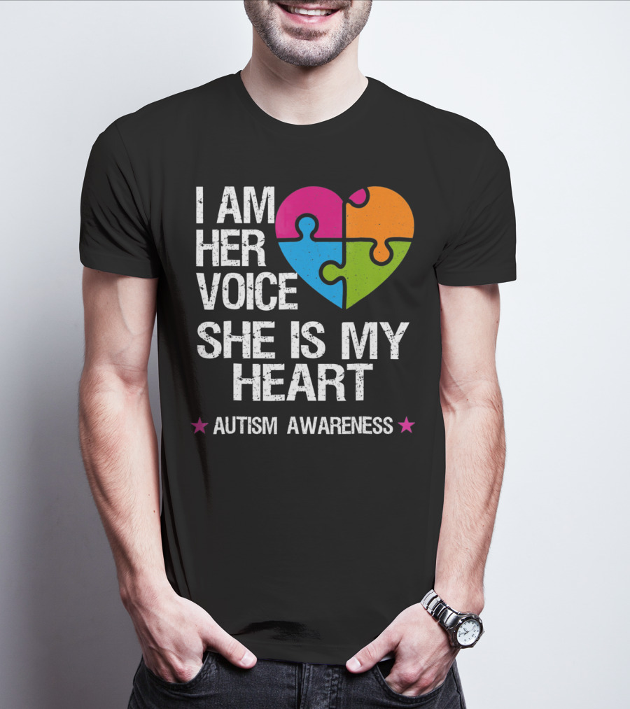 I Am Her Voice She Is My Heart Autism Awareness Puzzle Heart T-Shirt